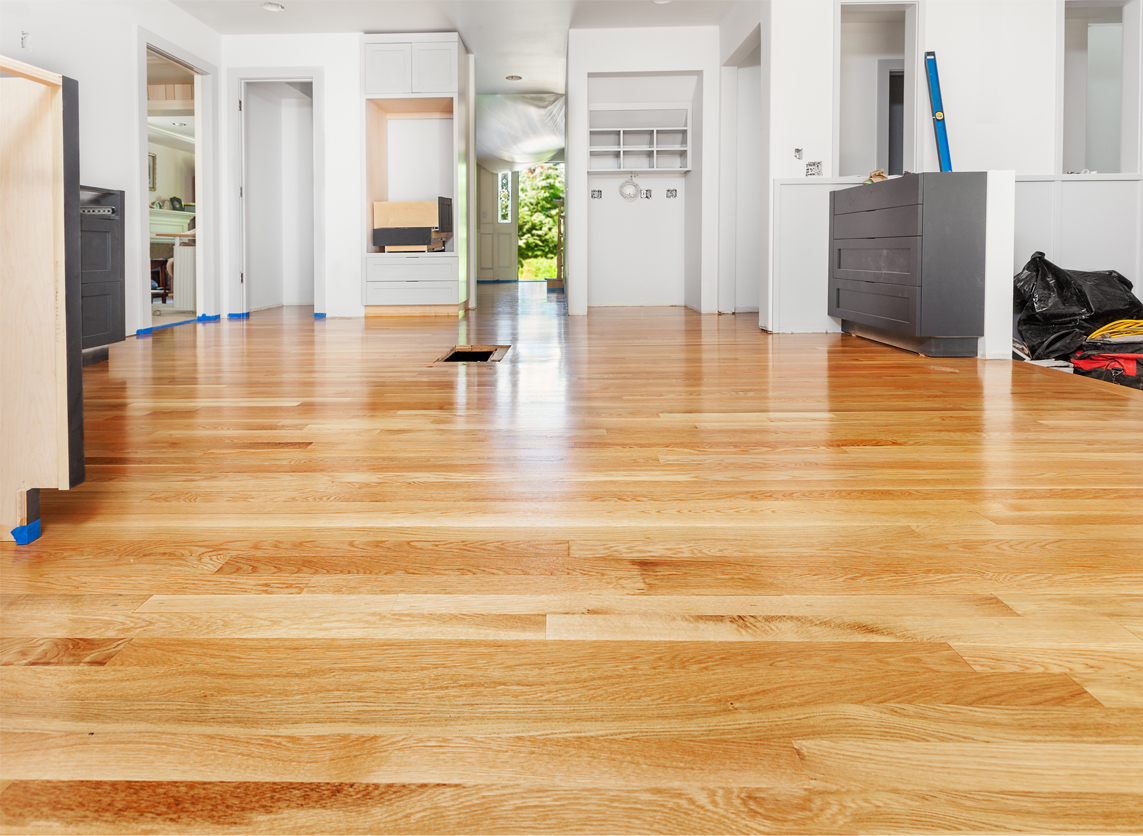A freshly mopped hardwood floor